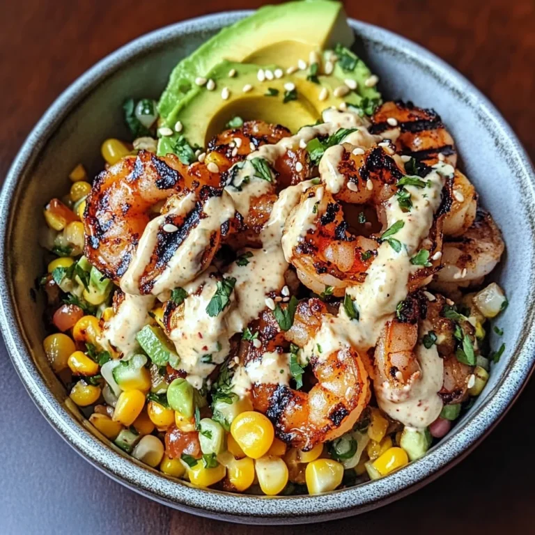 Grilled Shrimp Bowl with Avocado, Corn Salsa & Creamy Garlic Sauce