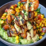 Grilled Shrimp Bowl with Avocado, Corn Salsa & Creamy Sauce